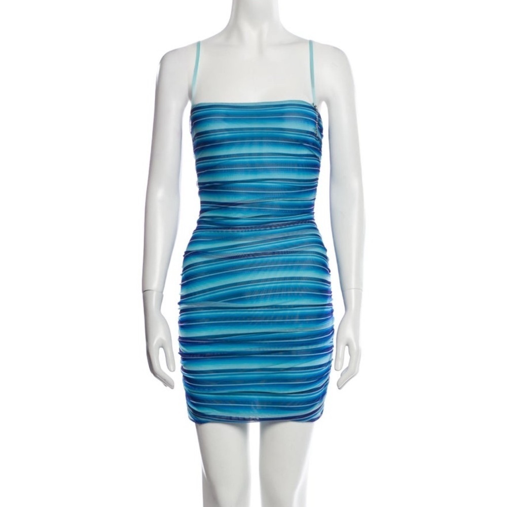 I.AM.GIA Sheath HALI Blue Striped Cutout & Mesh Accents Square Neckline Bodycon